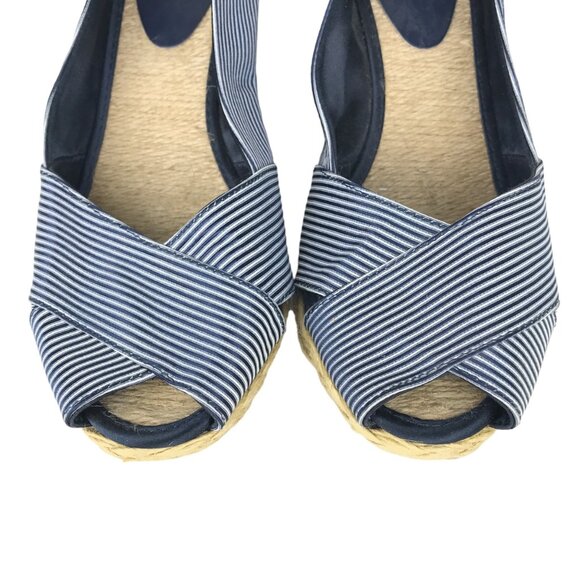 Lauren Ralph Lauren 9 Cecilia Espadrille Wedge Heel Peep Toe Blue White Striped - Picture 4 of 9